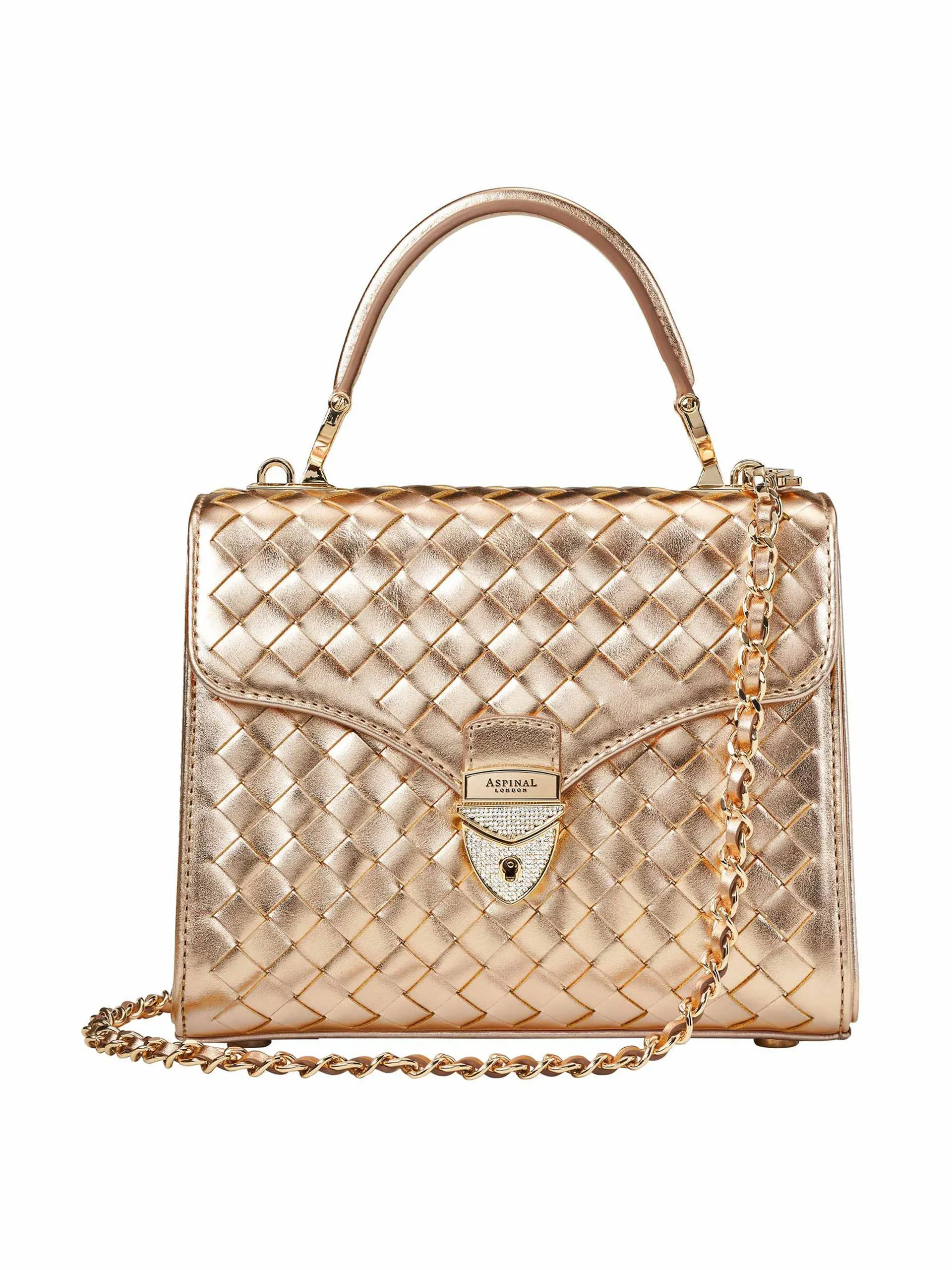 Midi Mayfair woven leather bag with crystal lock in woven champagne