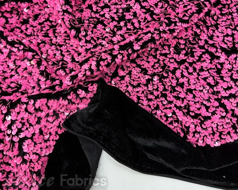 Neon Pink on Black Stretch Velvet Sequin Upholstery Fabric All Over Full Sequin