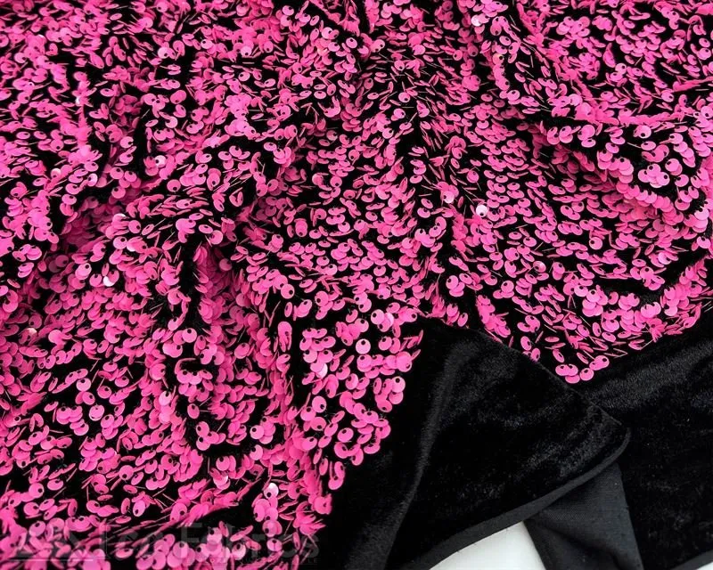 Neon Pink on Black Stretch Velvet Sequin Upholstery Fabric All Over Full Sequin