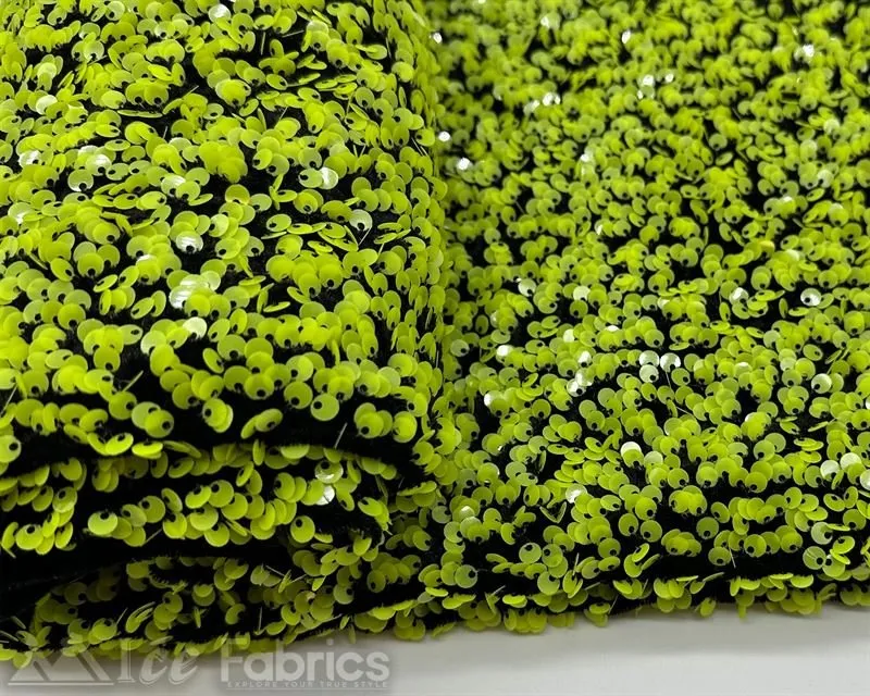 Neon Yellow on Black  Stretch Velvet Sequin Upholstery Fabric All Over Full Sequin