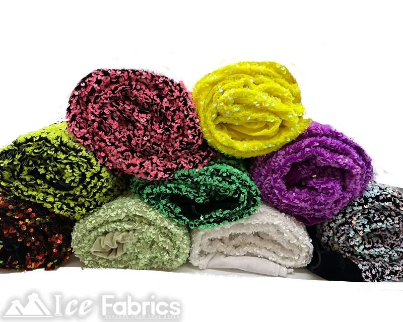 Neon Yellow on Black  Stretch Velvet Sequin Upholstery Fabric All Over Full Sequin