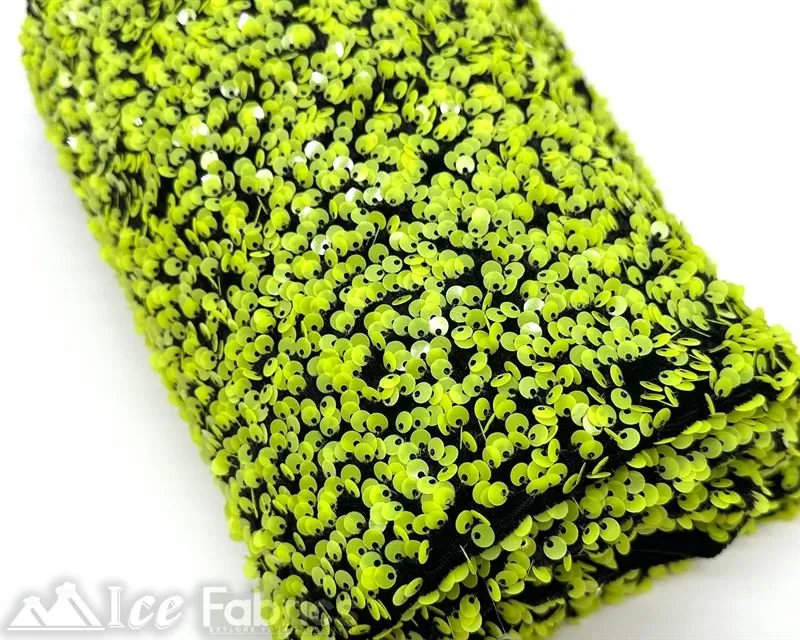 Neon Yellow on Black  Stretch Velvet Sequin Upholstery Fabric All Over Full Sequin