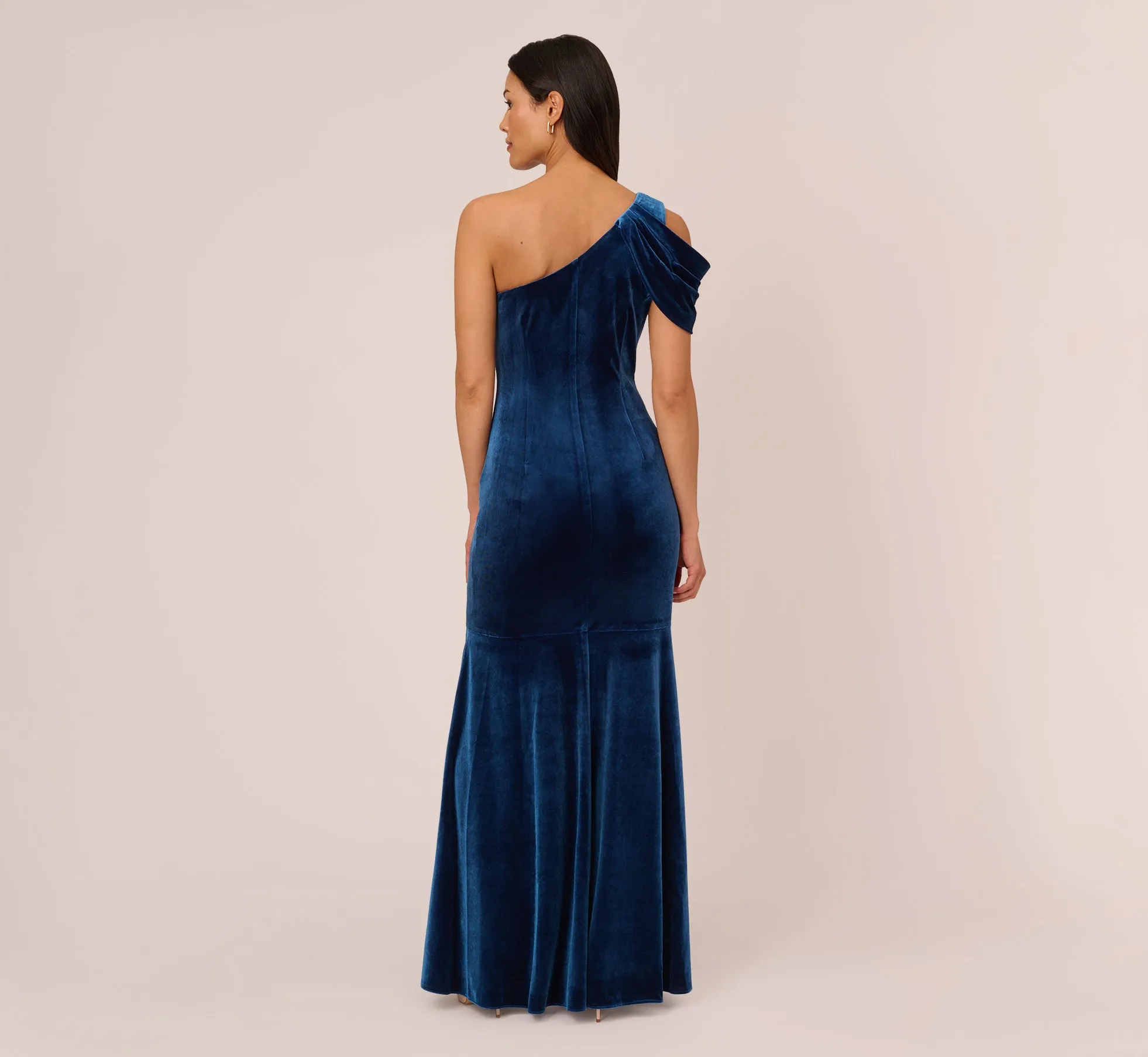One Shoulder Velvet Mermaid Gown With Drape Sleeve In Ocean Wave