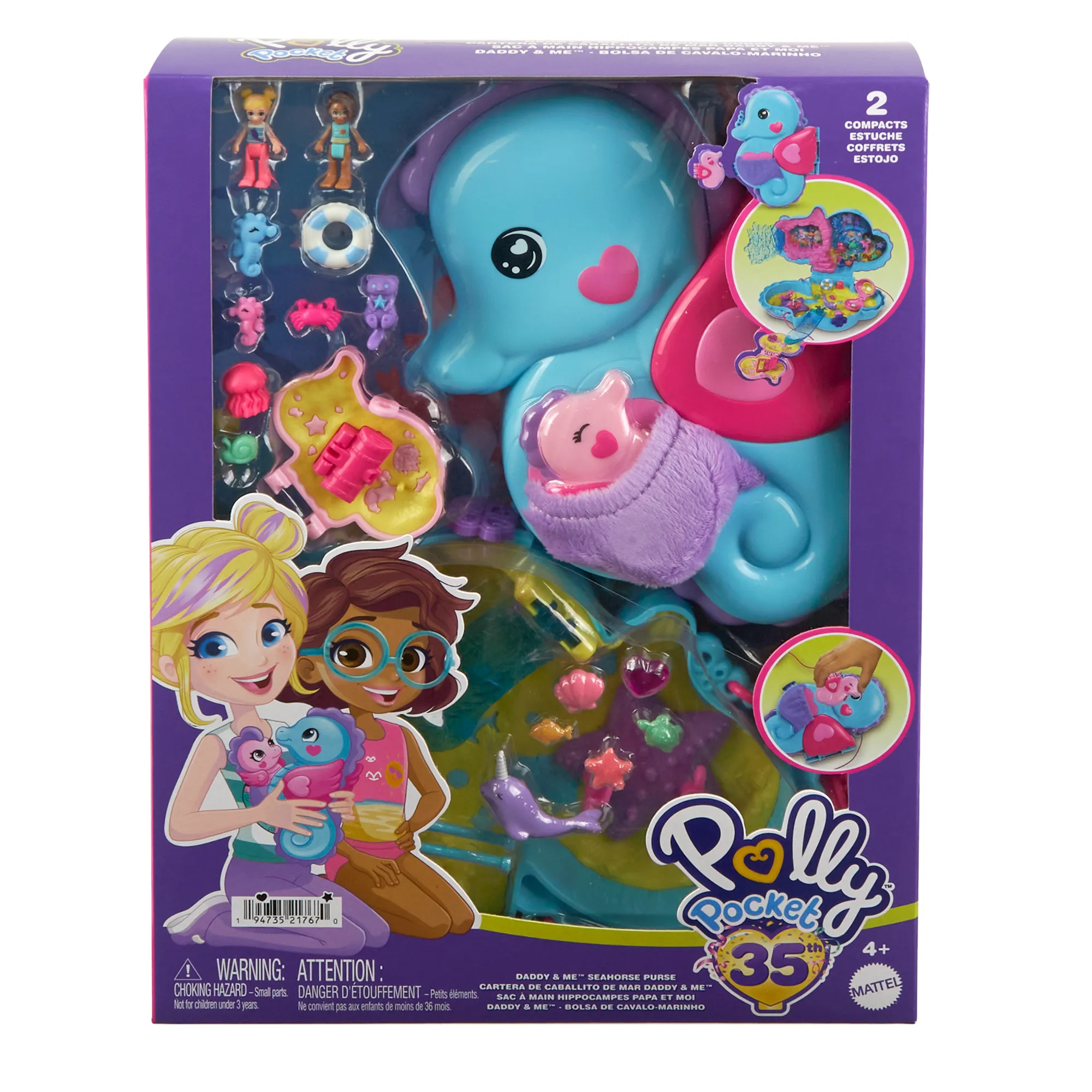 Polly Pocket Daddy & Me Seahorse Purse With 2 Micro Dolls, Pets & 13 Accessories, 2-in-1 Purse & Toy, Starring Shani