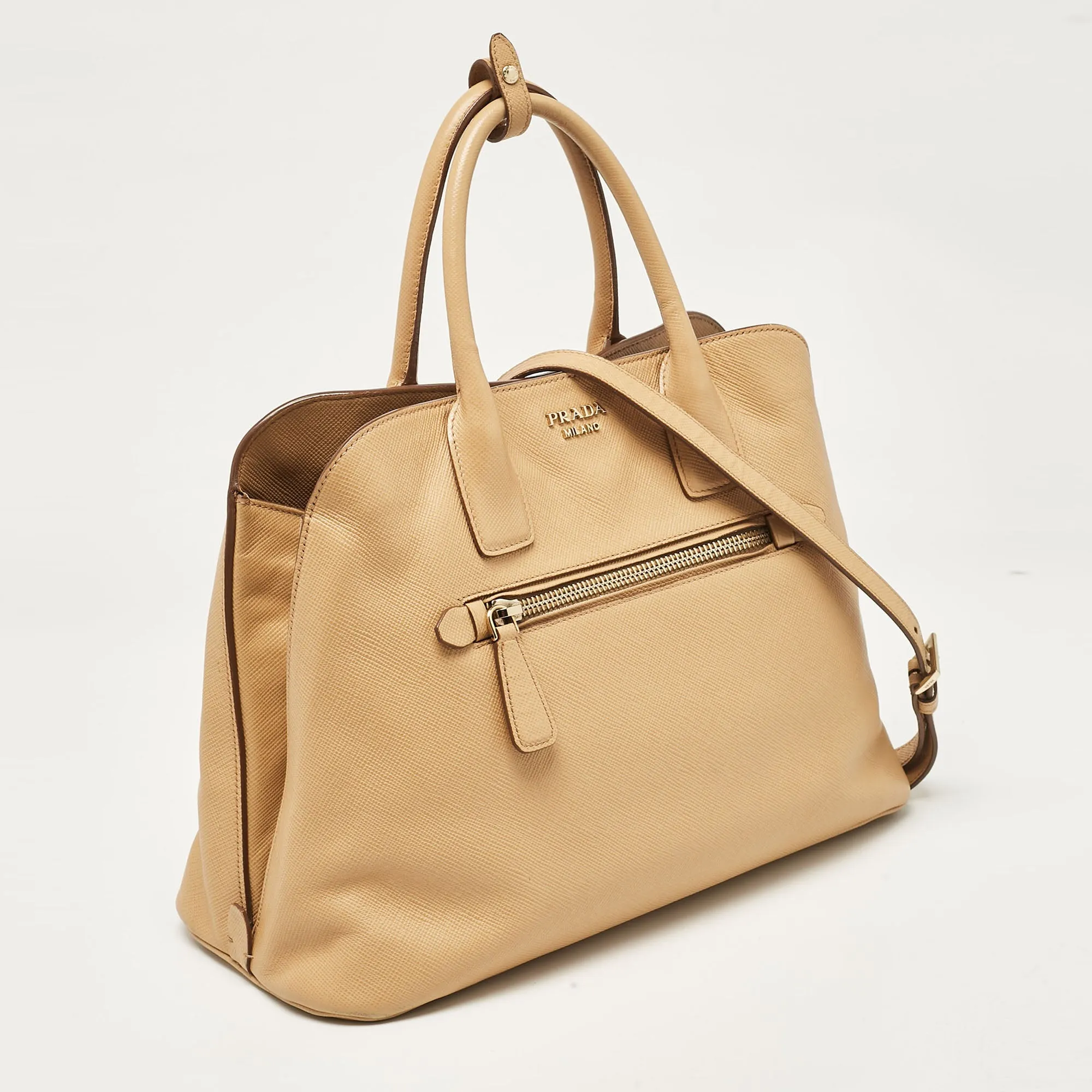 Prada Tan Saffiano Cuir Leather Open Promenade Satchel