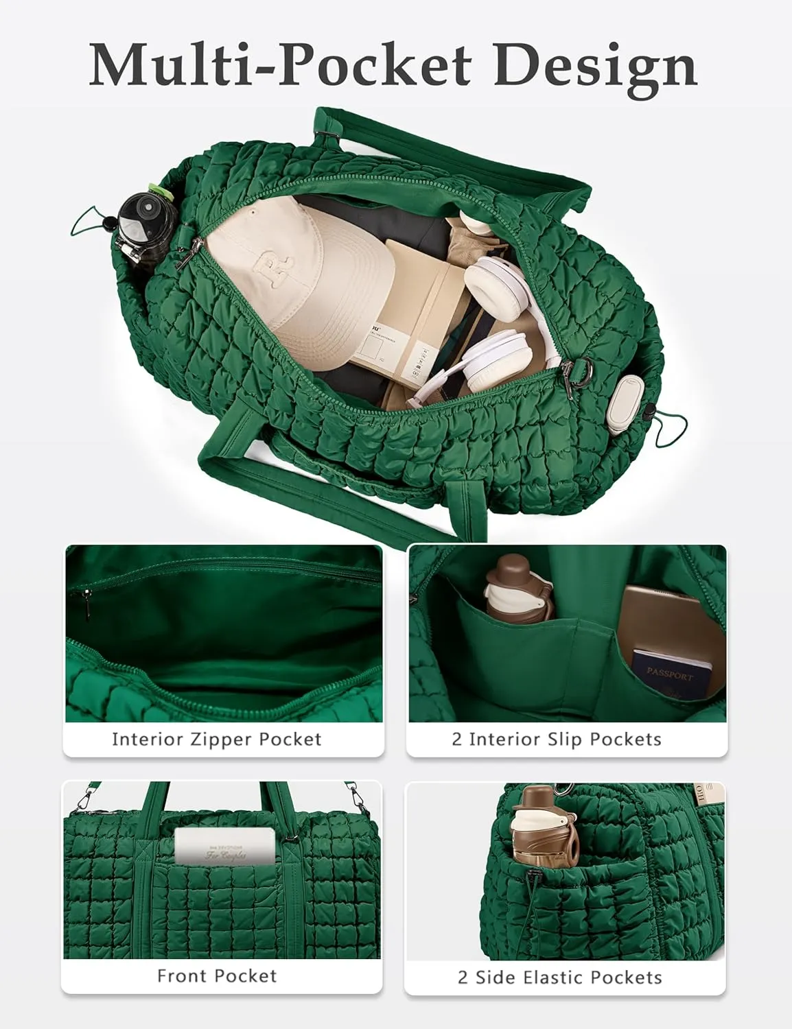 Quilted Travel Duffle Bag for Women Weekender Bag Large Puffer Overnight Bags Soft Puffy Duffel Bag Carry on Gym Bag Lightweight Personal Item Travel Bag for Trips Business Sport Airplane(Deep Green)