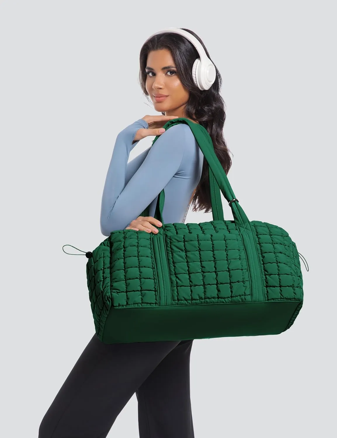 Quilted Travel Duffle Bag for Women Weekender Bag Large Puffer Overnight Bags Soft Puffy Duffel Bag Carry on Gym Bag Lightweight Personal Item Travel Bag for Trips Business Sport Airplane(Deep Green)