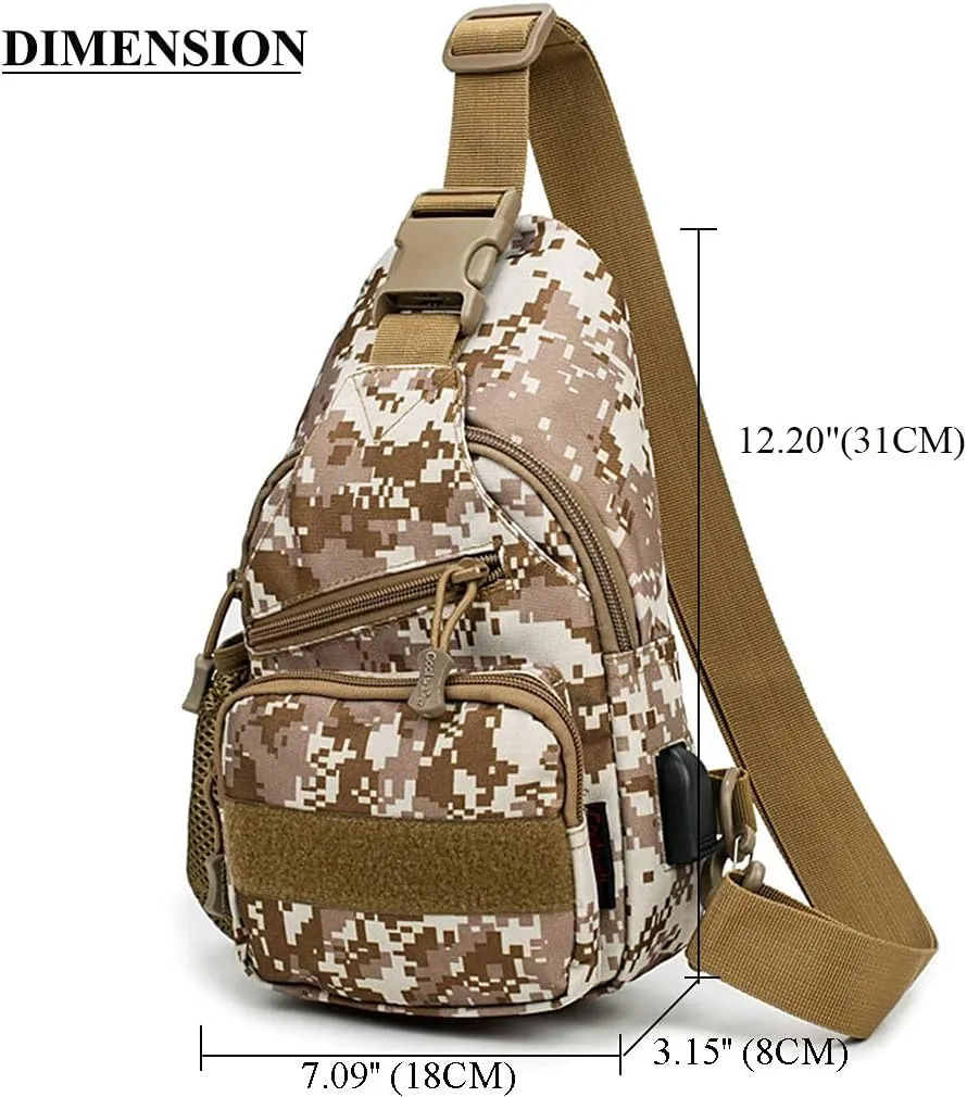 RTGGSEL Men's Camouflage Tactical Sling Shoulder Bags Travel Military MOLLE EDC Crossbody Chest Bag with USB Charging Port (Desert Camouflage)
