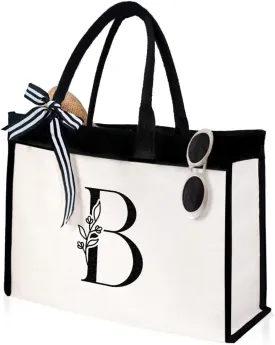 SANDJEST Initial Canvas Tote Bag Embroidered Monogrammed Beach Bags Gift for Women Friend Coworker Bridesmaid