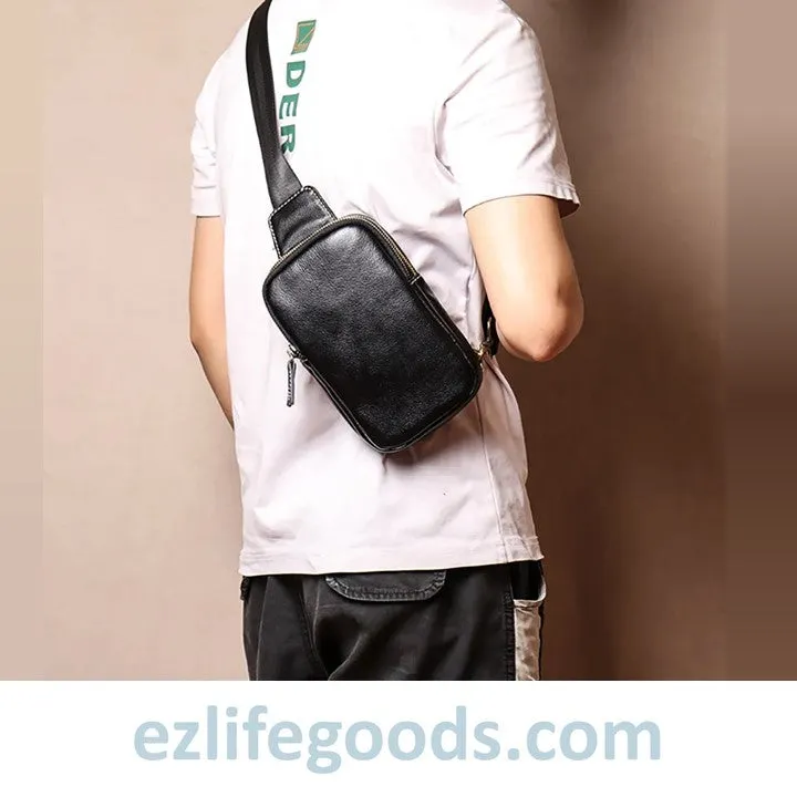 Small Genuine Leather Sling Purse for Men|Two Zipper Crossbody Chest Bag