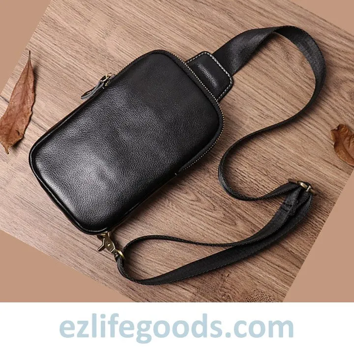 Small Genuine Leather Sling Purse for Men|Two Zipper Crossbody Chest Bag