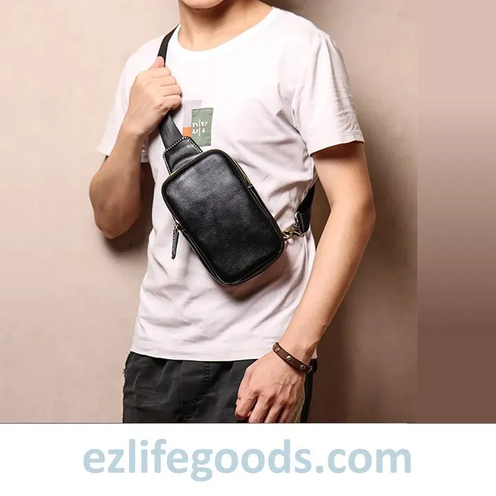 Small Genuine Leather Sling Purse for Men|Two Zipper Crossbody Chest Bag