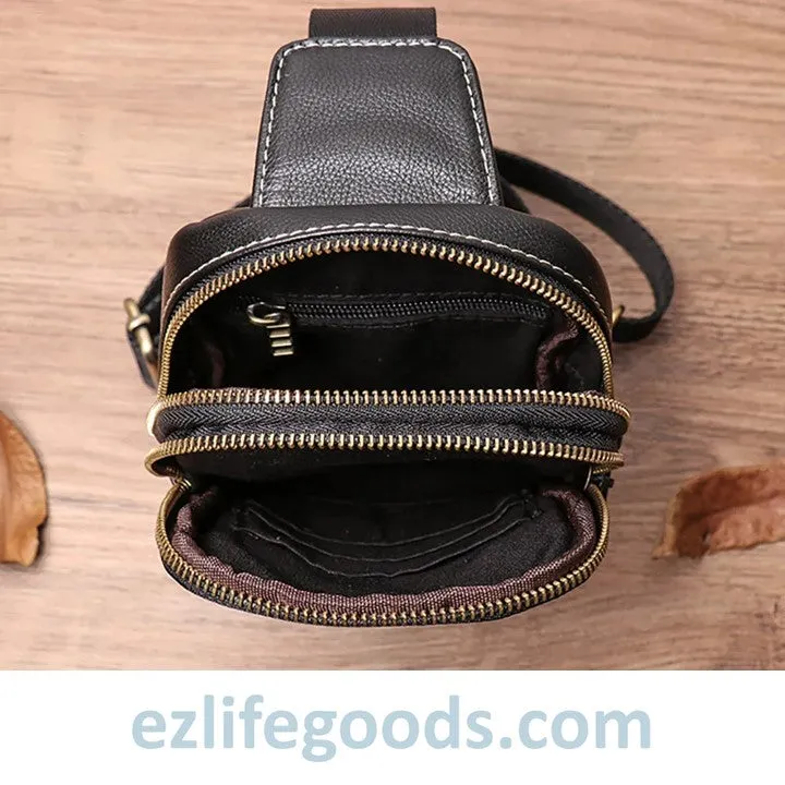 Small Genuine Leather Sling Purse for Men|Two Zipper Crossbody Chest Bag