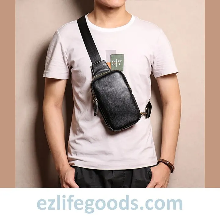 Small Genuine Leather Sling Purse for Men|Two Zipper Crossbody Chest Bag