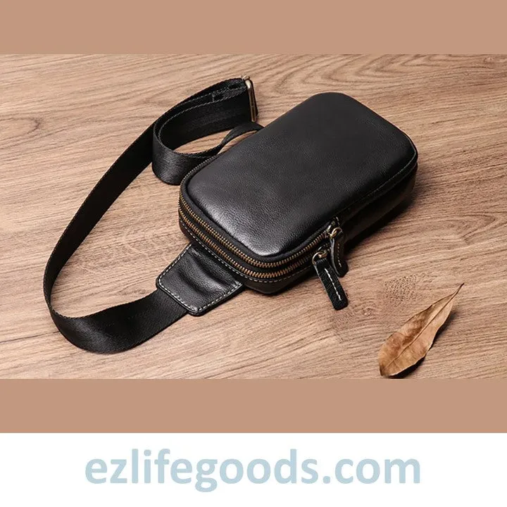Small Genuine Leather Sling Purse for Men|Two Zipper Crossbody Chest Bag