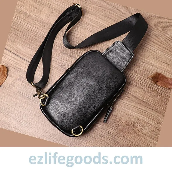 Small Genuine Leather Sling Purse for Men|Two Zipper Crossbody Chest Bag