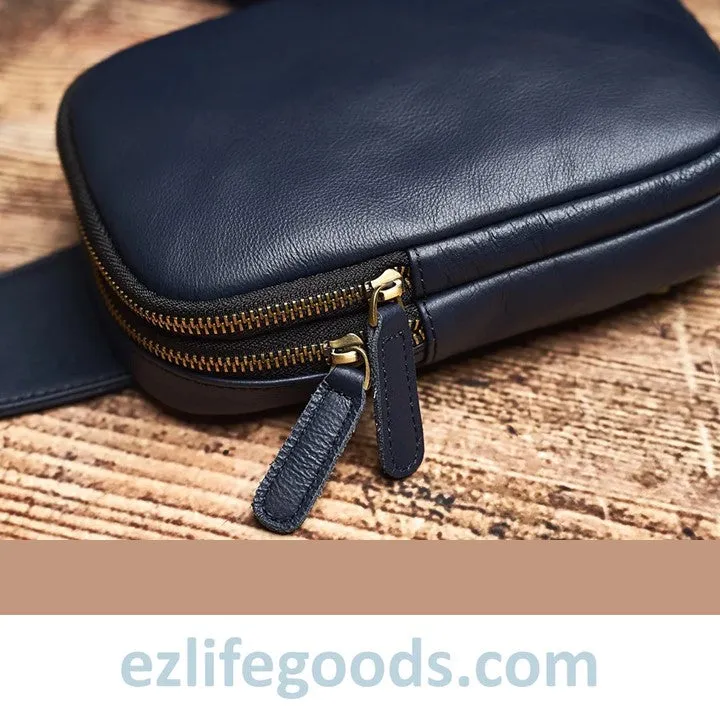 Small Genuine Leather Sling Purse for Men|Two Zipper Crossbody Chest Bag