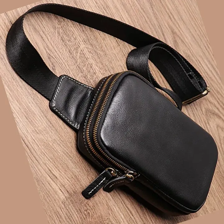 Small Genuine Leather Sling Purse for Men|Two Zipper Crossbody Chest Bag