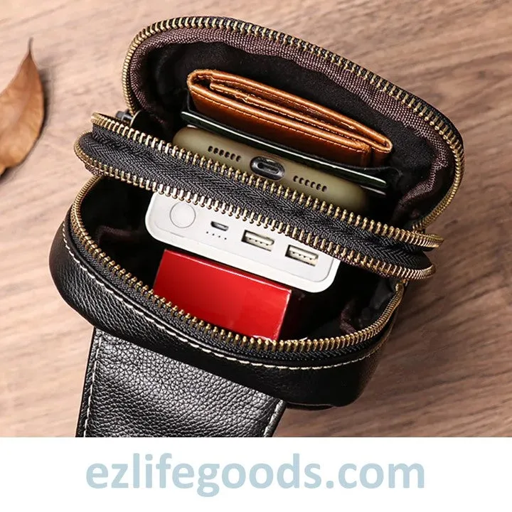 Small Genuine Leather Sling Purse for Men|Two Zipper Crossbody Chest Bag