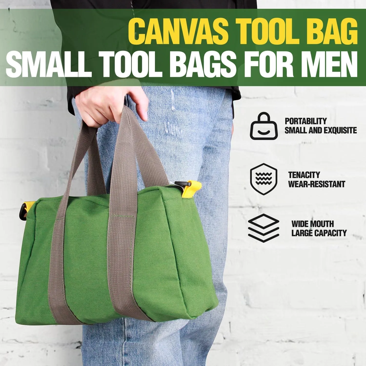 Small Tool Bag, Canvas Tool Storage Bag, Large Capacity Multipurpose Zipper Soft Tote Organizer Pouch, for Electrician, Plumbing, Gardening,Tools Bags for Men (Green, 12 Inch)