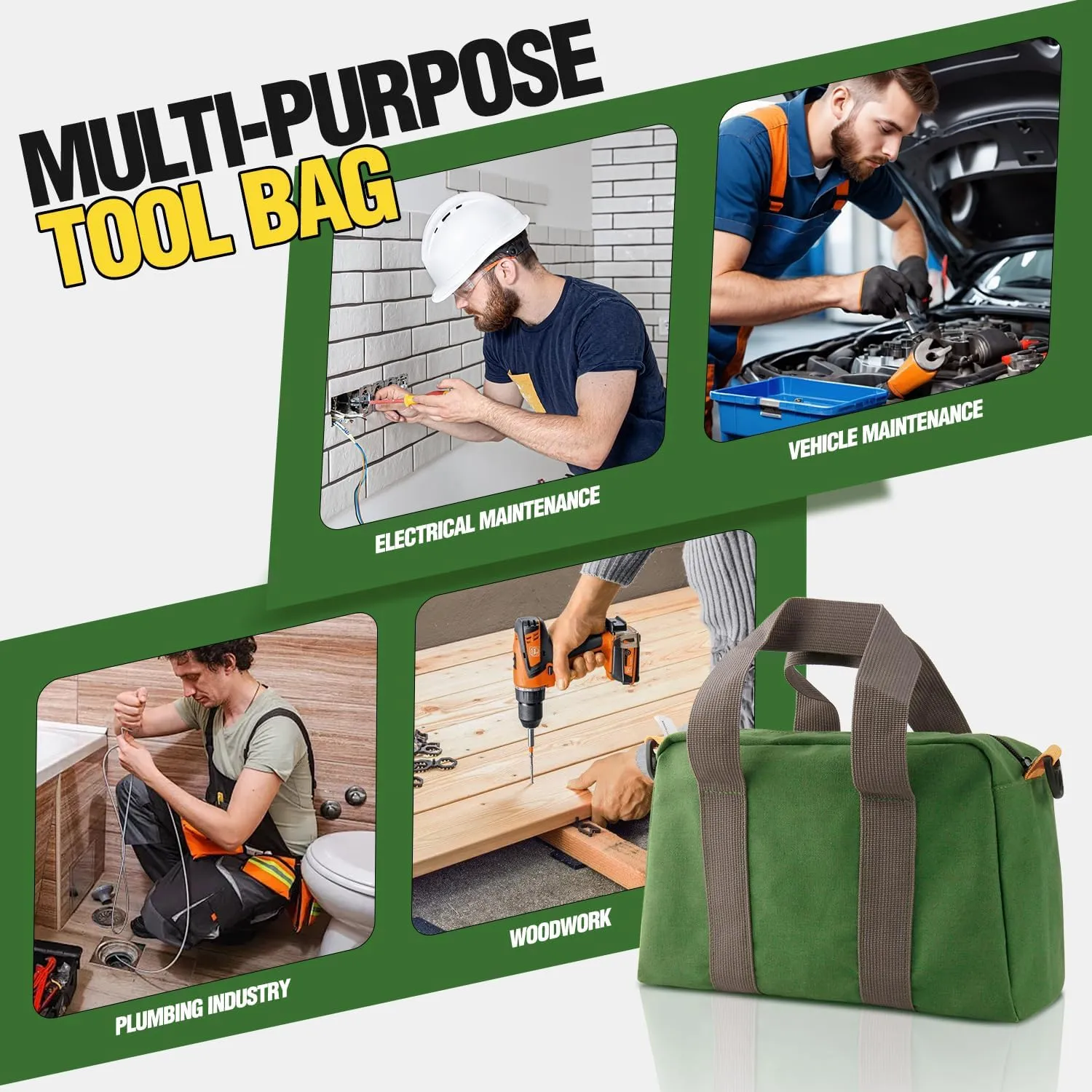 Small Tool Bag, Canvas Tool Storage Bag, Large Capacity Multipurpose Zipper Soft Tote Organizer Pouch, for Electrician, Plumbing, Gardening,Tools Bags for Men (Green, 12 Inch)