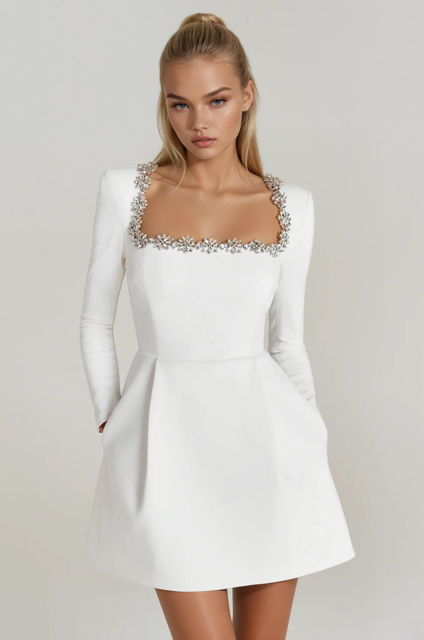 Tazari - Embellished Neck Detail Mini Dress