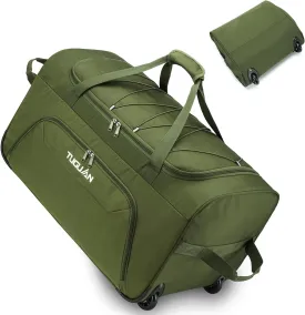 TUGUAN Foldable Duffel Bag with Wheels Extra Large 110L Rolling Travel Duffle Bag with Bungee, 28 inch Packable & Collapsible Carry on Luggage for Storage Traveling Camping, Green