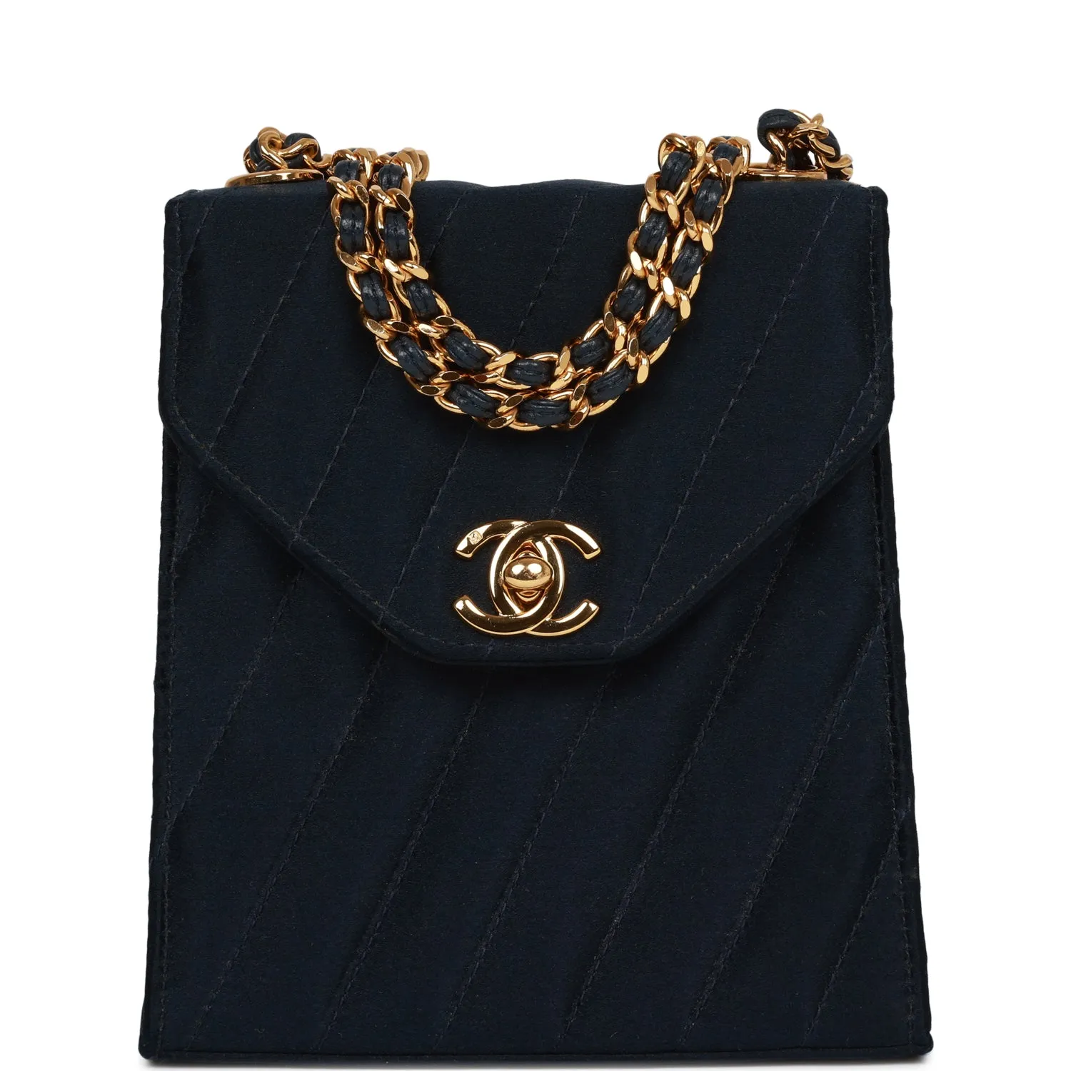 Vintagetrendy Inspired  Chanel Mini Flap Bag Dark Blue Satin Gold Hardware