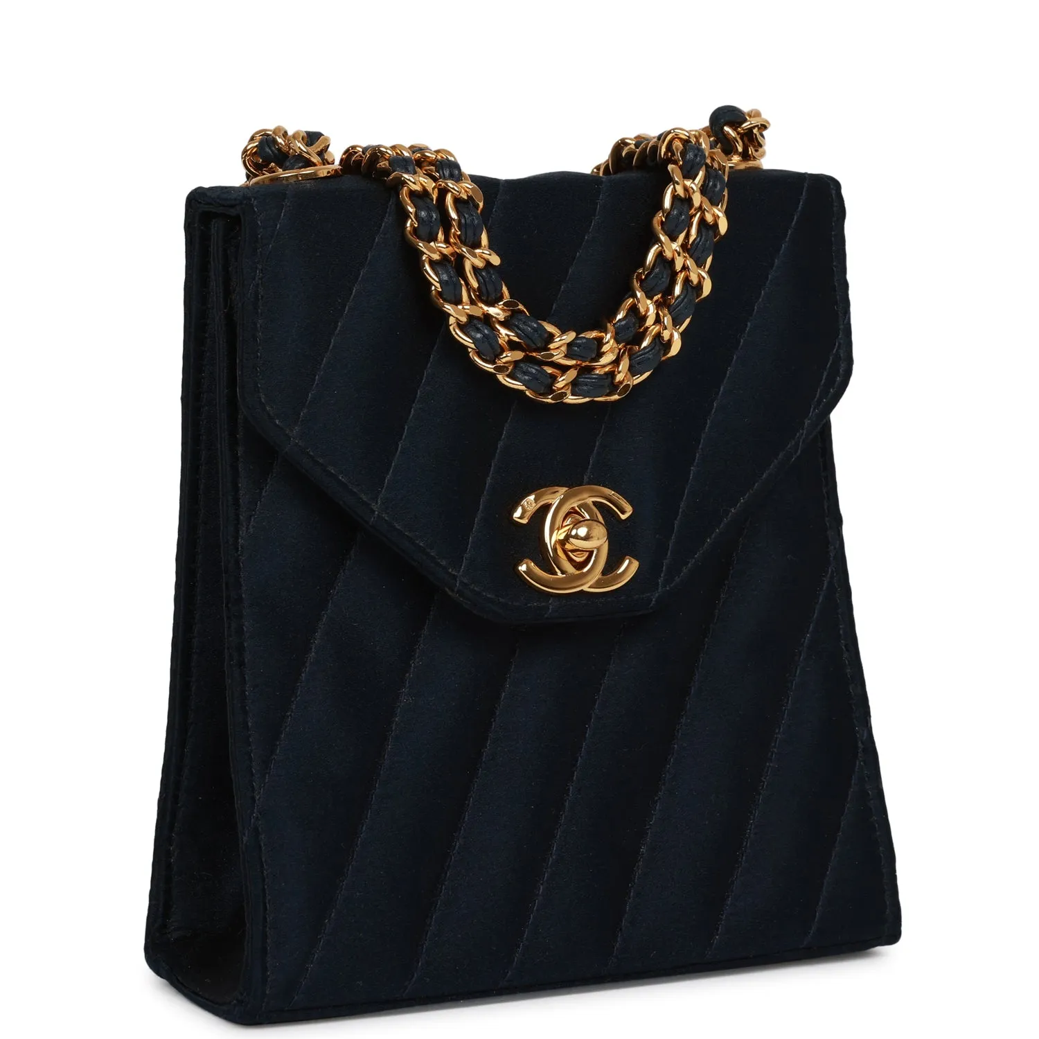 Vintagetrendy Inspired  Chanel Mini Flap Bag Dark Blue Satin Gold Hardware