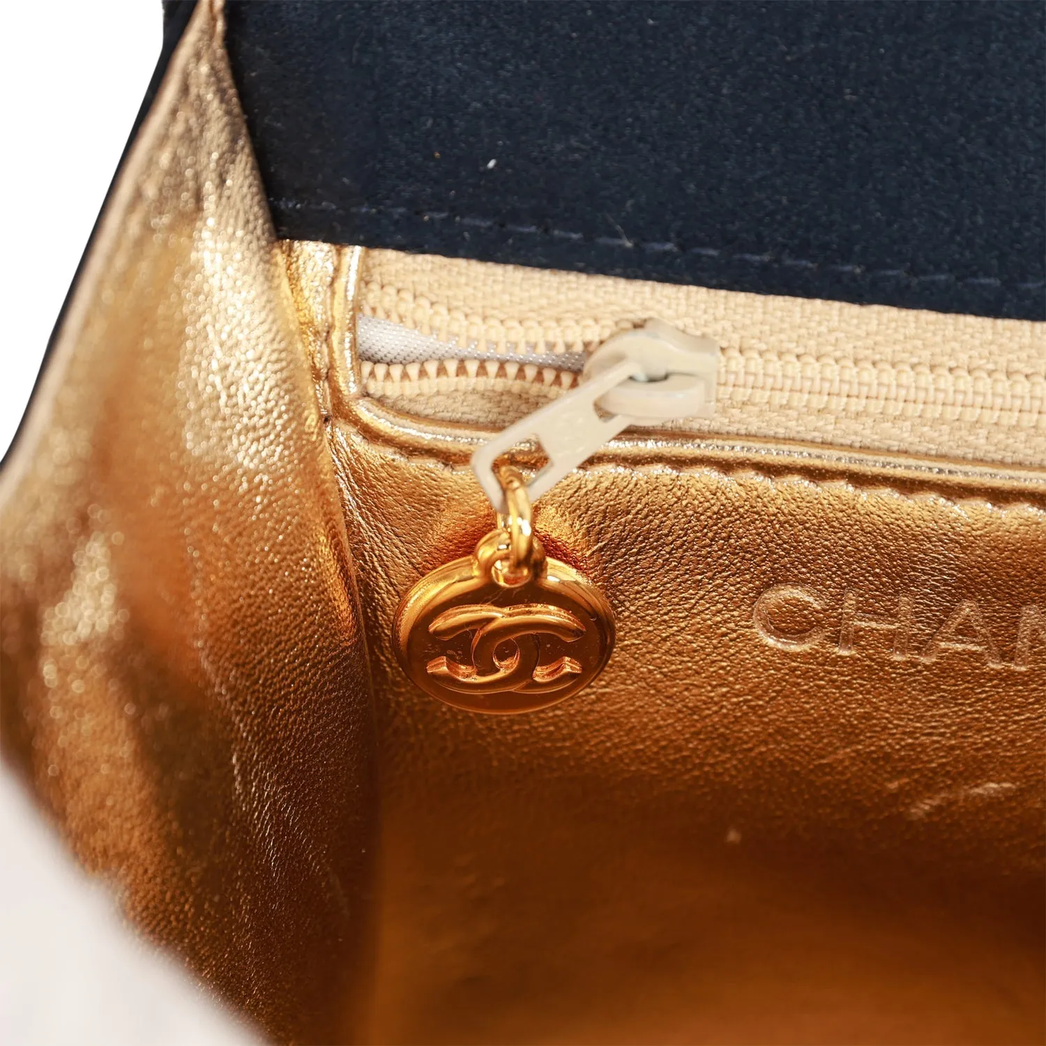 Vintagetrendy Inspired  Chanel Mini Flap Bag Dark Blue Satin Gold Hardware