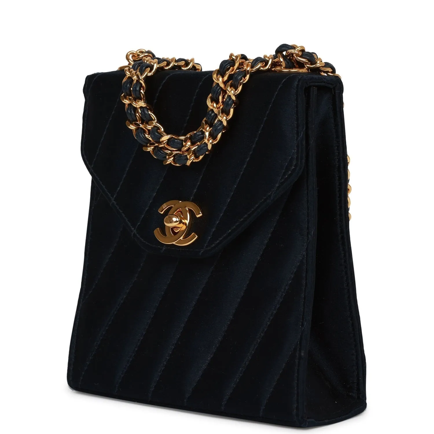 Vintagetrendy Inspired  Chanel Mini Flap Bag Dark Blue Satin Gold Hardware