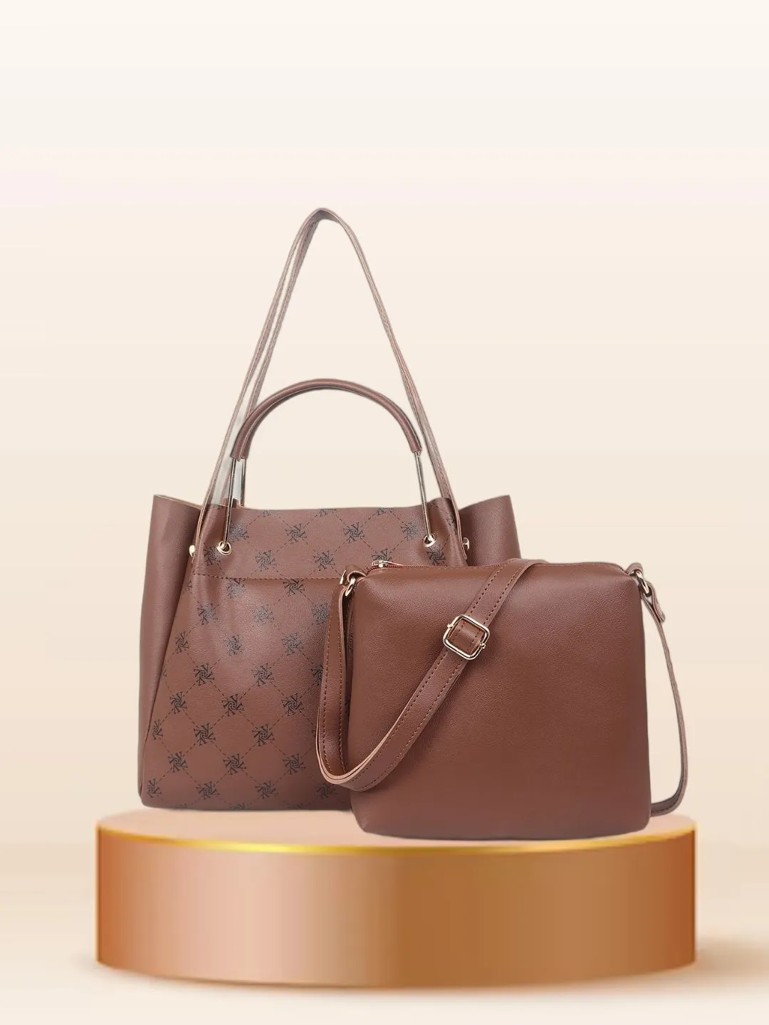 Women Tan Printed Handbag (Pack of 2)