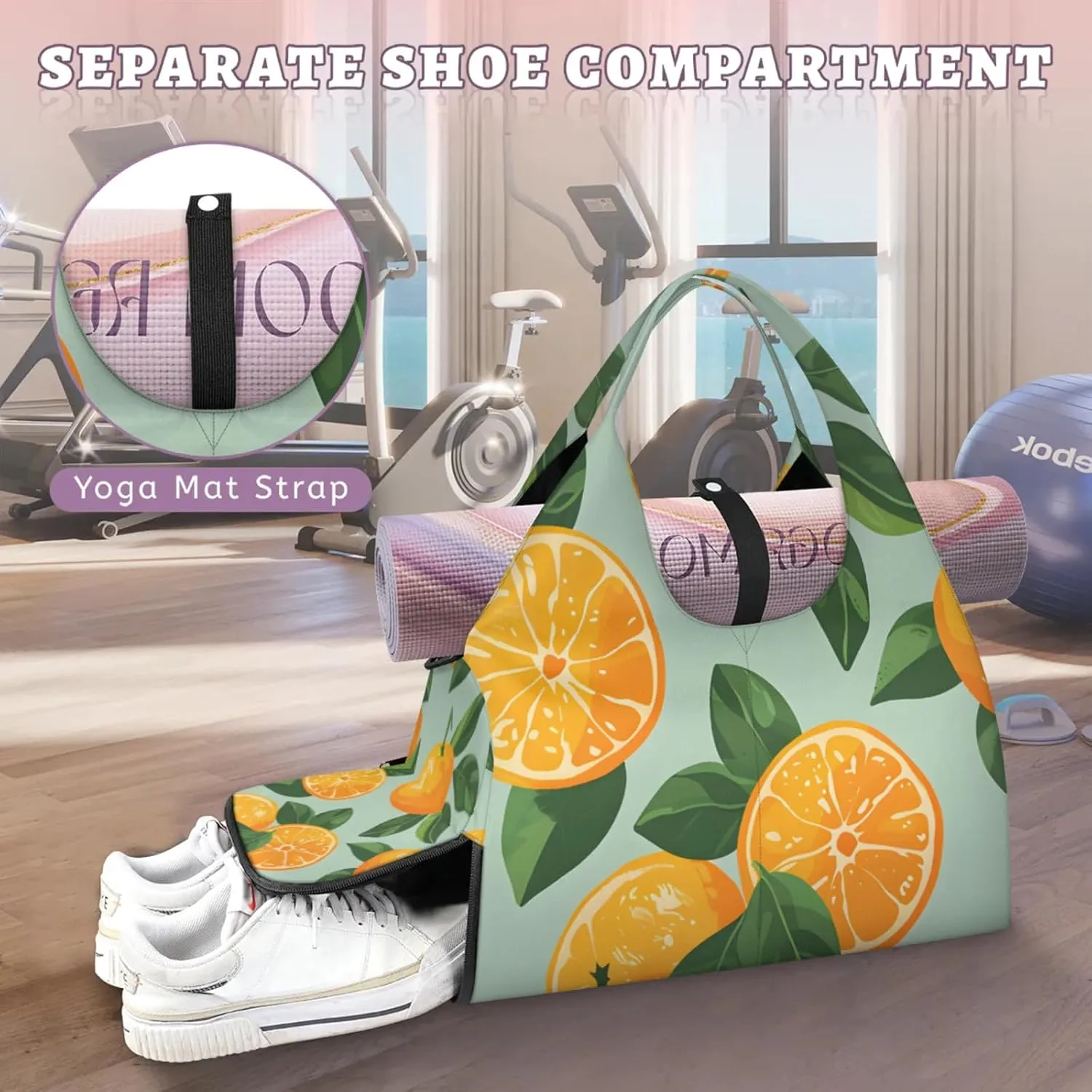 Yoga Tote Bag for Women Fruit Oranges Beach Bag with Shoe Storage & Yoga Mat Strap Waterproof Weekender Duffle Bag for Travel Fitness Weekend Trips