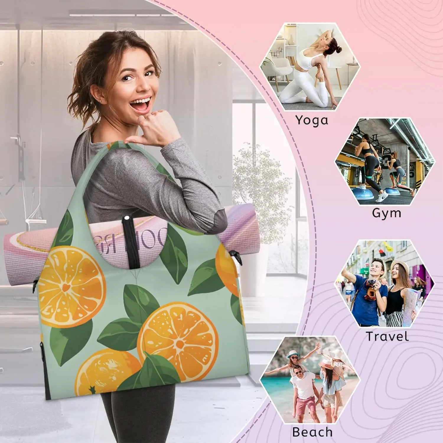 Yoga Tote Bag for Women Fruit Oranges Beach Bag with Shoe Storage & Yoga Mat Strap Waterproof Weekender Duffle Bag for Travel Fitness Weekend Trips