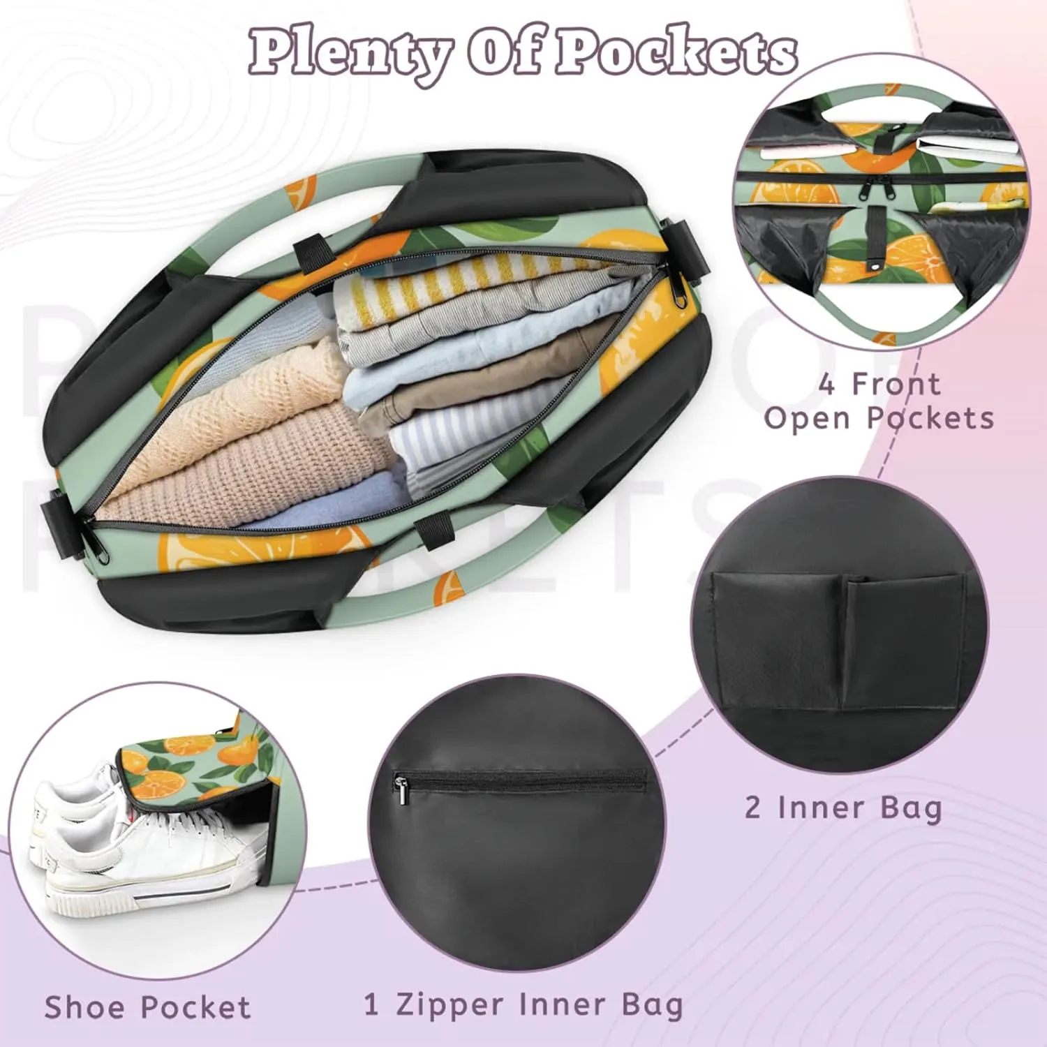 Yoga Tote Bag for Women Fruit Oranges Beach Bag with Shoe Storage & Yoga Mat Strap Waterproof Weekender Duffle Bag for Travel Fitness Weekend Trips